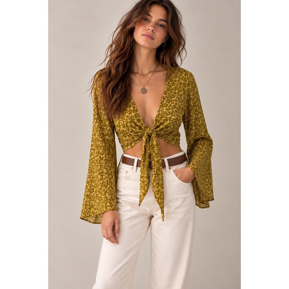 Wild Fable Mustard Velvet Burnout Crop Top, M Goblincore